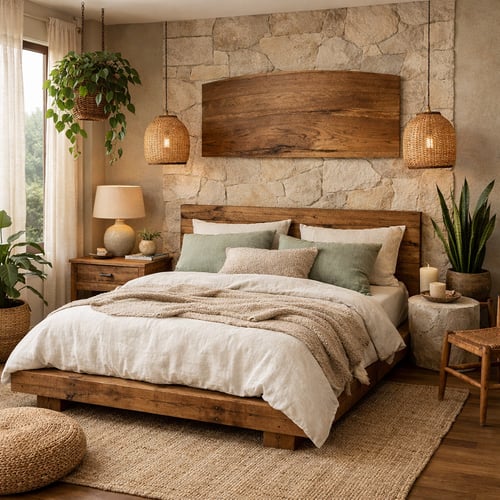 Natural-inspired bedroom with a rustic wooden bed frame, stone feature wall, and woven decor elements – a warm, earthy example of bedroom trends 2026 focusing on organic materials and biophilic design.