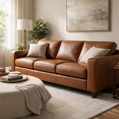 Stylish brown leather sofa with modern design in a warm living room – fabric vs leather sofa contrast.