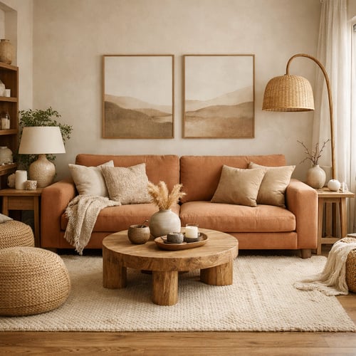 Burnt orange sofa styled with natural-toned cushions, textured throw, and rustic wooden accents – a warm and earthy living room showcasing sofa colour trends 2026.