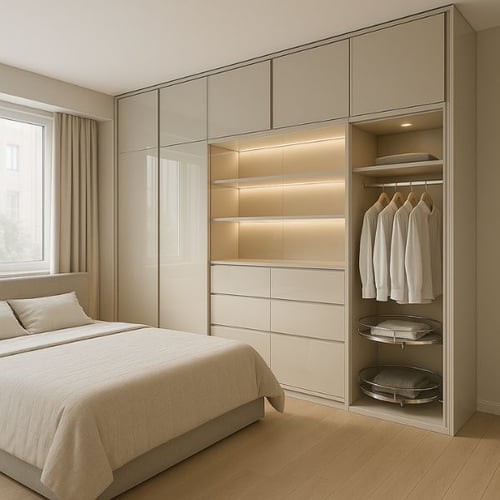 Built-in wardrobe with high-gloss doors, LED-lit shelves, drawers, and hanging space