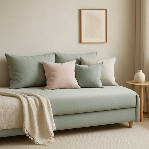 Soft green upholstered day bed with large pastel cushions and a light throw, placed in a calm, minimalist room — an elegant example for those wondering what is a day bed and how it doubles as seating.