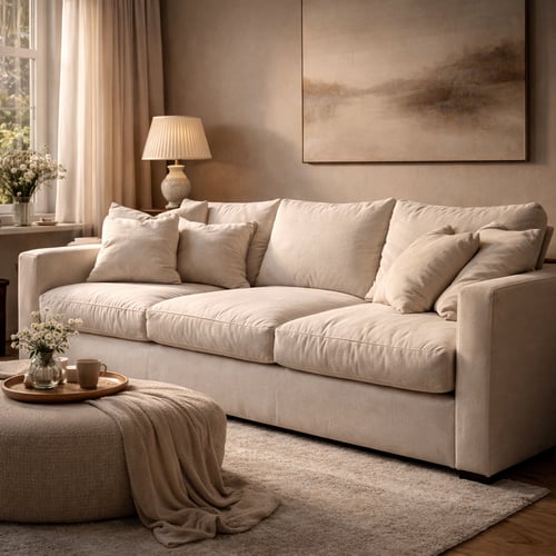 Beige plush sofa with soft, overfilled cushions in a warm-toned living room, representing one of the best sofa filling options for both comfort and cosiness.