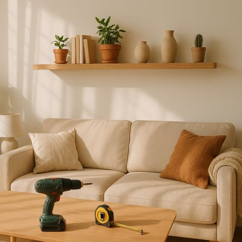 Floating shelf above beige sofa with plants, books, and vases; drill and tape measure on coffee table.