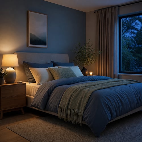 Calming bedroom with soft blue bedding, warm bedside lighting and curtains at dusk, illustrating what colour helps you sleep.