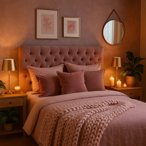 Cozy pink bedroom with tufted headboard