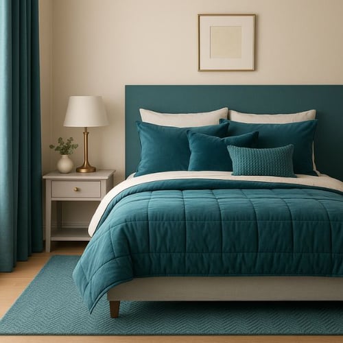 Cozy Teal Bedroom with Quilted Bedding and Matching Curtains