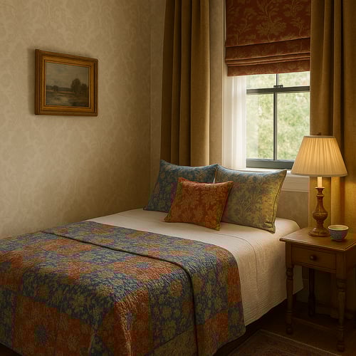 Traditional-style bedroom with a single bed under a sash window, layered with patterned bedding and surrounded by heavy curtains - classic approach to bed under window placement.