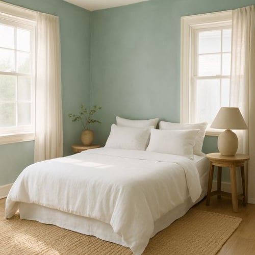 Minimalist Bedroom with Soft Teal Walls and White Bedding