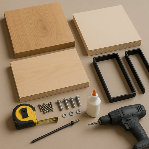 Close-up view of diy desk materials including wooden panels, metal brackets, screws, glue, tape measure and an electric drill arranged on a beige background – all essential components for making your own desk at home.