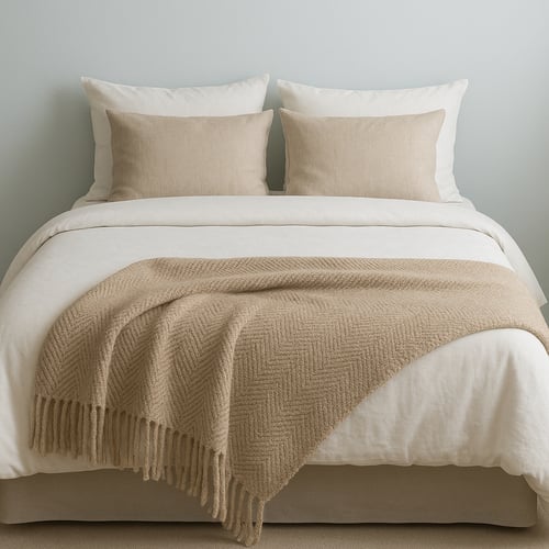 A minimal bed dressed in light cream bedding and styled with matching beige cushions and a textured throw, showing how to dress a bed in a cosy and elegant way using natural tones and soft layers.