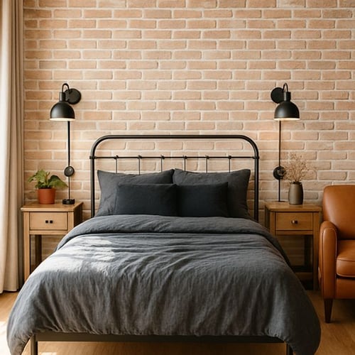 Cozy guest room with brick wall, dark bedding, and metal bed frame