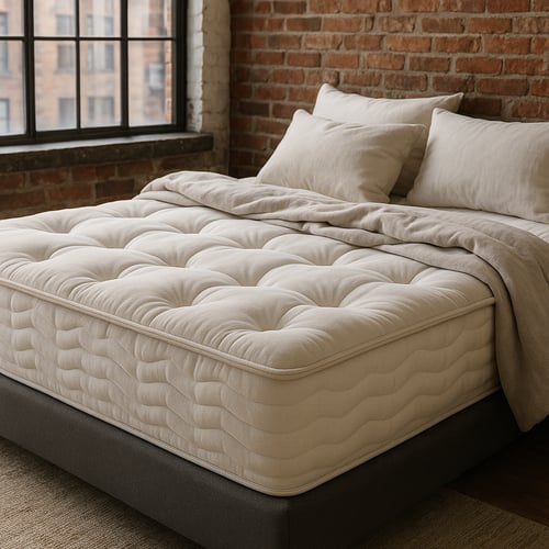 Industrial-style bedroom with exposed brick wall and large window, showcasing a luxurious, deep-pocket mattress with soft beige linens – ideal for those seeking the best mattress for loft living.