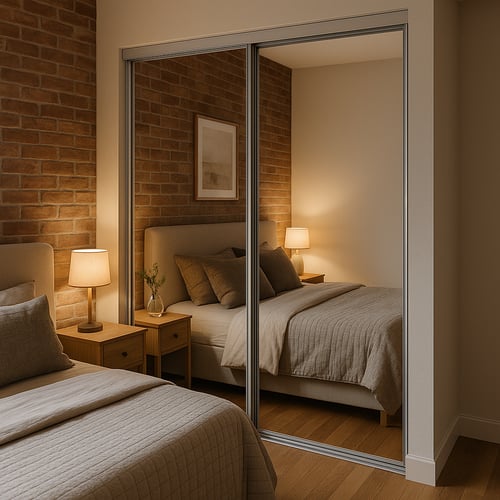 Warm-toned bedroom featuring a built-in mirrored wardrobe with sliding doors and exposed brick wall – a stylish mirrored storage solution blending modern and rustic elements.