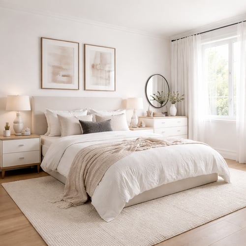 Bright white bedroom with a large upholstered bed, soft neutral bedding and wooden bedside tables – elegant inspiration for white bedroom ideas.