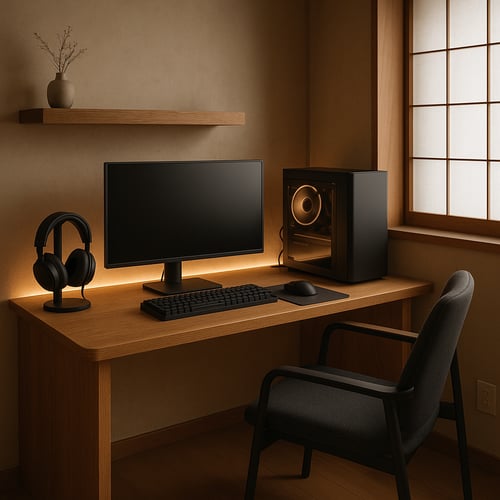 A minimal best gaming desk setup with wood finish, featuring a monitor, compact PC, headset stand, and ambient LED lighting in a serene Japanese-inspired room.