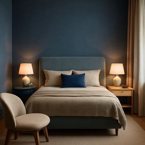 Blue bedroom with upholstered bed, beige bedding, warm lamps, and a lounge chair
