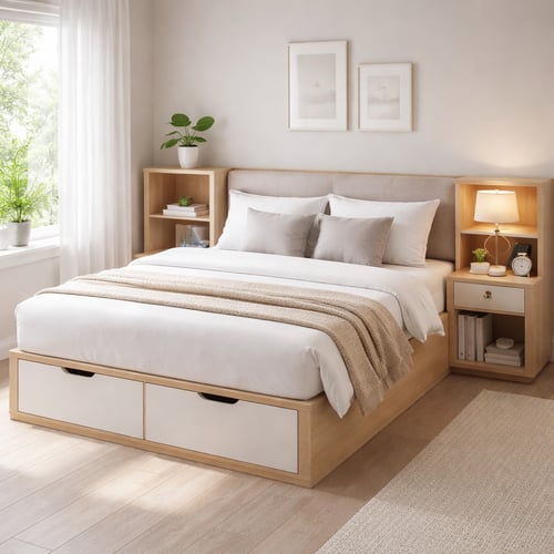 Compact bedroom with a storage bed featuring built-in drawers and integrated bedside shelves, showcasing one of the best beds for small rooms with smart storage solutions.