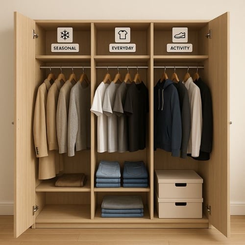 Triple-section wardrobe labeled for seasonal, everyday, and activity wear, showcasing smart organising wardrobe strategy