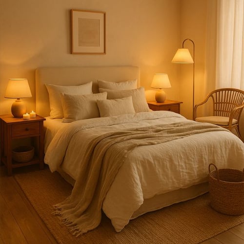 Cozy white bedroom with layered bedding