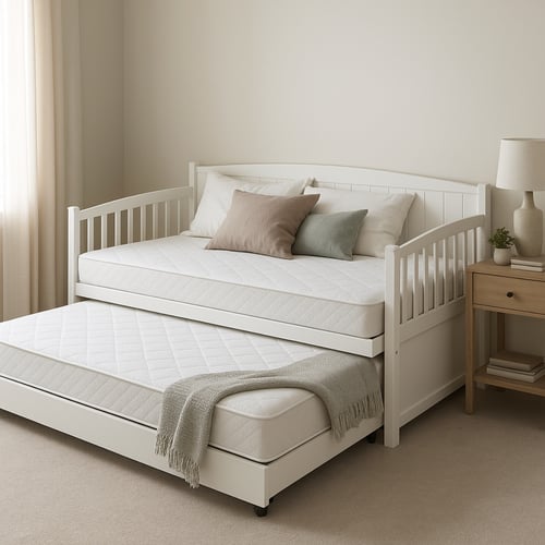 White wooden day bed with side rails and a pull-out trundle underneath, styled with neutral cushions, showing what a day bed looks like when used as both a sofa and an extra sleeping space.