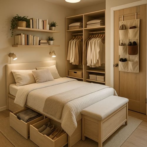 Small bedroom idea with multifunctional storage bed, open wardrobe, and neutral tones for a cozy, organized space