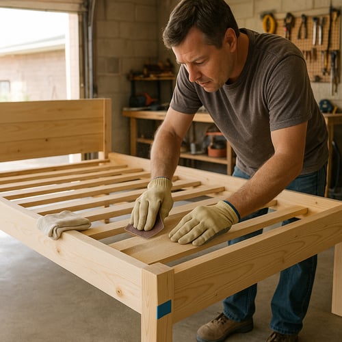 Man wearing gloves sanding a handmade wooden bed frame in a garage workshop, working on the finishing touches of his DIY bed frame project.