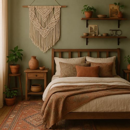 Boho Bedroom with Wooden Bed and Earthy Decor
