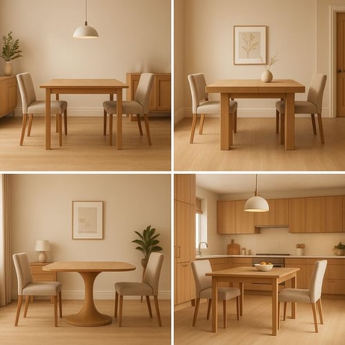 Dining tables at standard dining table height with chairs in minimalist interiors.