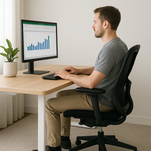 Man sitting at a desk with ideal desk height, maintaining good posture while working on a monitor displaying a spreadsheet.
