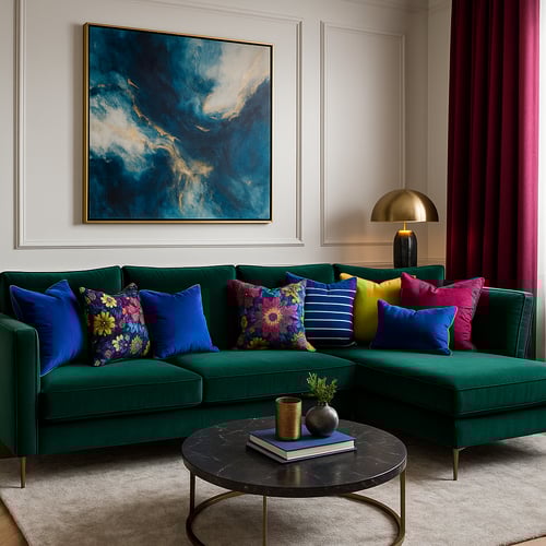 Stylish green corner sofa with vibrant cushions in blue, fuchsia, yellow and floral prints, perfectly arranged to illustrate how to arrange cushions on a corner sofa for a bold and colourful living room design.