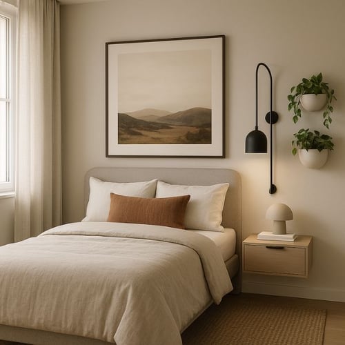 Elegant small bedroom idea with earthy accents, wall-mounted lighting, and neutral bedding in a calm palette