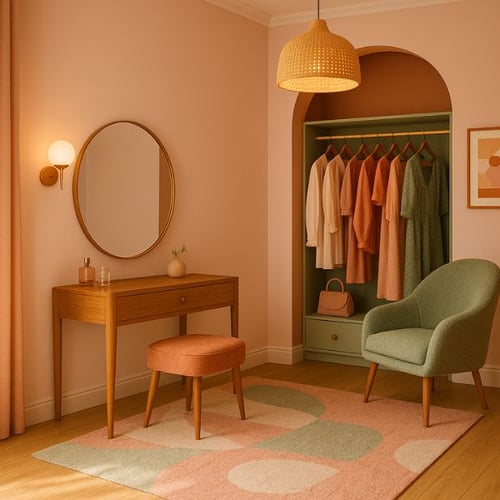 Stylish pink dressing room with retro furniture, colorful clothes, and a round mirror 