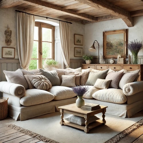 Corner sofa in a cozy living room, adorned with cushions arranged from largest to smallest, complemented by soft pastel tones, wooden beams, and rustic decor.