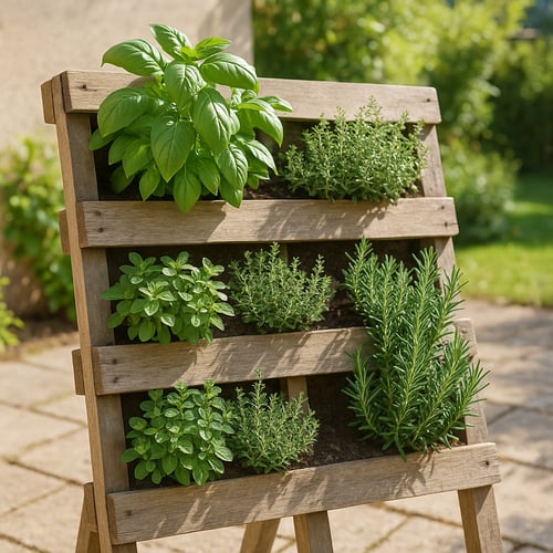 Vertical herb garden made from a wooden pallet, filled with basil, rosemary, oregano and thyme – a simple and space-saving pallet garden idea for small patios.