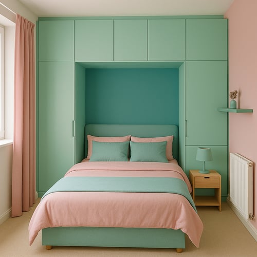 Colourful built-in wardrobe surrounding the bed in a small bedroom, combining pastel green and pink for a vibrant take on small bedroom wardrobe ideas.