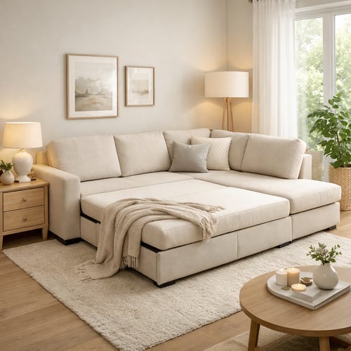 Large beige corner sofa bed extended in a soft-lit living room with neutral decor and candles – one of the best sofa beds UK ideal for hosting overnight guests.