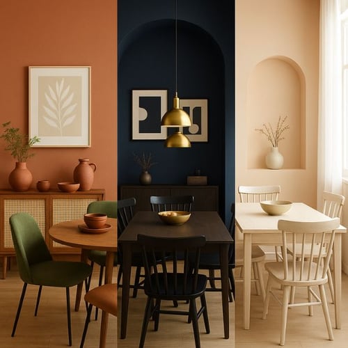Three stylish dining room setups featuring warm terracotta, navy blue, and light beige color schemes