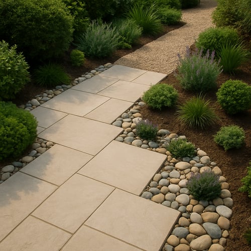 Contemporary garden path created with pale rectangular slabs bordered by decorative pebbles and low-maintenance shrubs – inspiring garden slab ideas for natural-looking walkways.