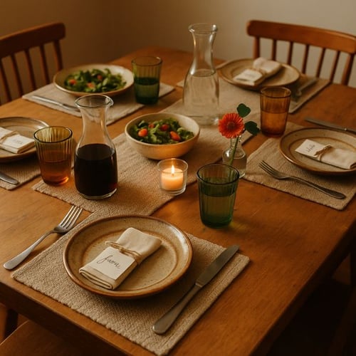 Informal table setting with place cards, salads, drinks, and candlelight