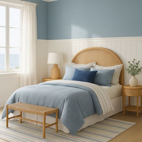 Coastal bedroom colour ideas featuring light blue and white tones with natural textures and ocean view