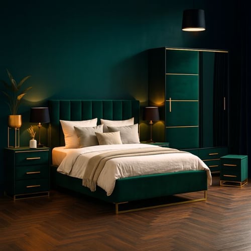 Luxury Green Velvet Bedroom Set with Gold Accents