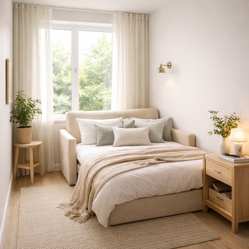 Small beige sofa bed arranged in a narrow guest room with white and sage green cushions, perfect for small spaces – best sofa beds UK for multifunctional rooms.