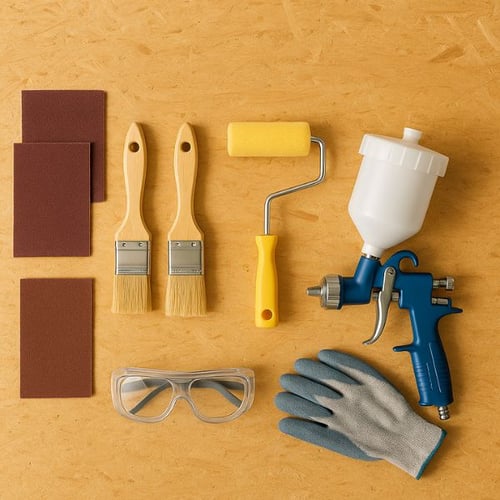 Paintbrushes, roller, spray gun, sandpaper, gloves, and goggles on wooden surface for painting wardrobe doors