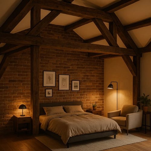 Rustic loft bedroom with exposed brick wall and warm lighting