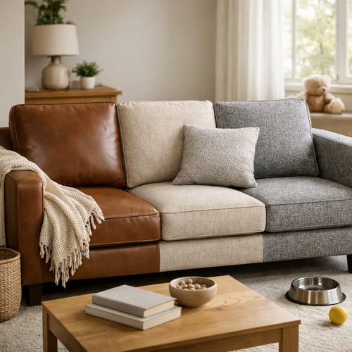 Modern mixed-material sofa with leather and fabric sections in brown, beige and grey, placed in a bright living room with a wooden coffee table, pet accessories, and a soft rug — showcasing practical tips in a sofa buying guide for busy households.