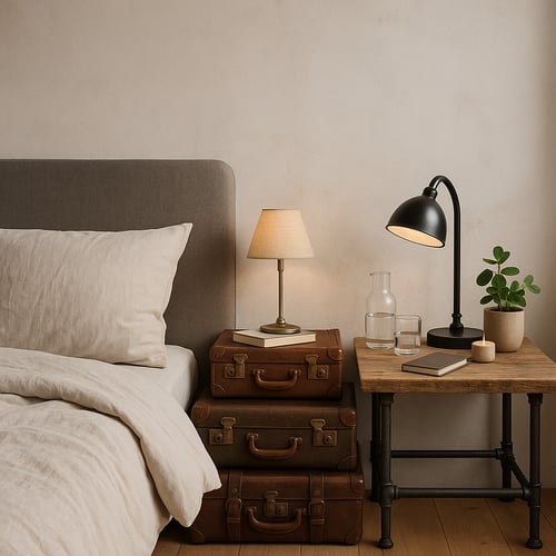 Creative bedside table idea with stacked vintage suitcases and a rustic industrial side table styled with lamps, books and indoor plant for a cosy bedroom feel.