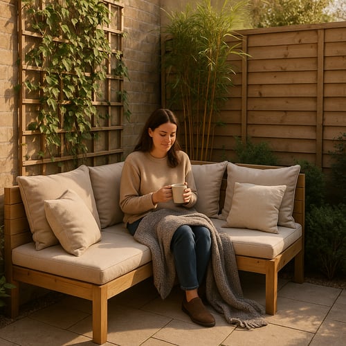 Cosy small corner garden seating area with a built-in wooden L-shaped bench, soft cushions and a triangular shade sail overhead - ideal for relaxed garden seating ideas in compact spaces.