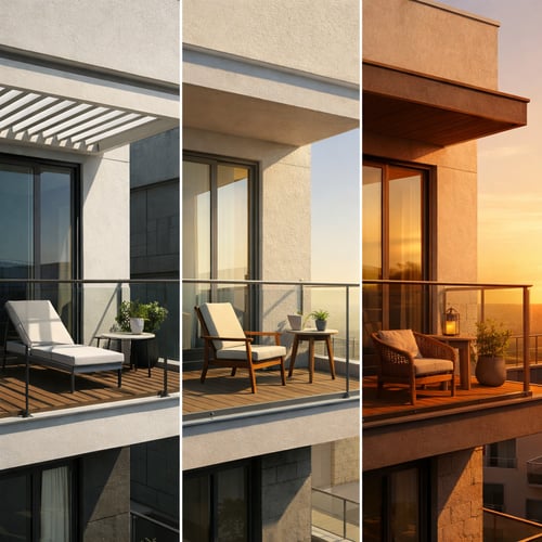 Loft balcony ideas – modern apartment balcony with seating and plants shown in different lighting from day to sunset.