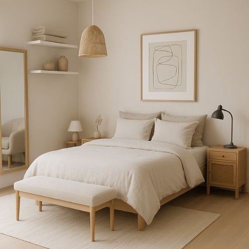 Modern neutral bedroom with light wood furniture