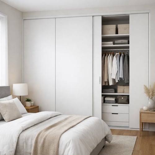 Built-in bedroom wardrobe with sliding doors, showing neatly arranged clothes and storage boxes – a simple and practical example of walk in wardrobe ideas for small spaces.